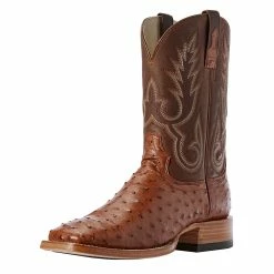 Relentless By Ariat Men's Ariat Barker Brandy Full Quill Ostrich 11in. Autumn Tan Top Cowboy Boots