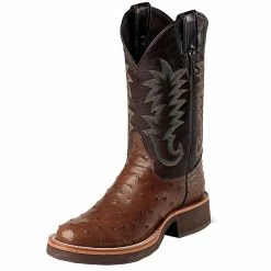 Justin Boots Men's Antique Brown Full Quill Ostrich-11in Calfino Top Cowboy Boots
