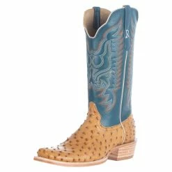 R Watson Boots Men's Antique Saddle Full Quill Ostrich 13in. Royal Blue Goat Top Boots