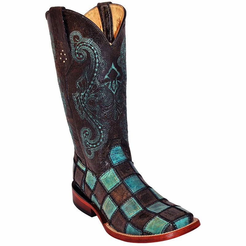 Ferrini Women's Black And Teal Patchwork Cowgirl Boots 3 Ferrini Women's Black And Teal Patchwork Cowgirl Boots