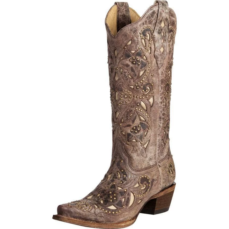 Women's Corral Brown Crater Bone Inlay Studded Cowgirl Boots 3 Women's Corral Brown Crater Bone Inlay Studded Cowgirl Boots