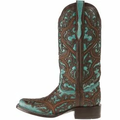 Women's Corral Turquoise Cowgirl Boots With Brown Laser Studs -Justin Boots Store G1416 2