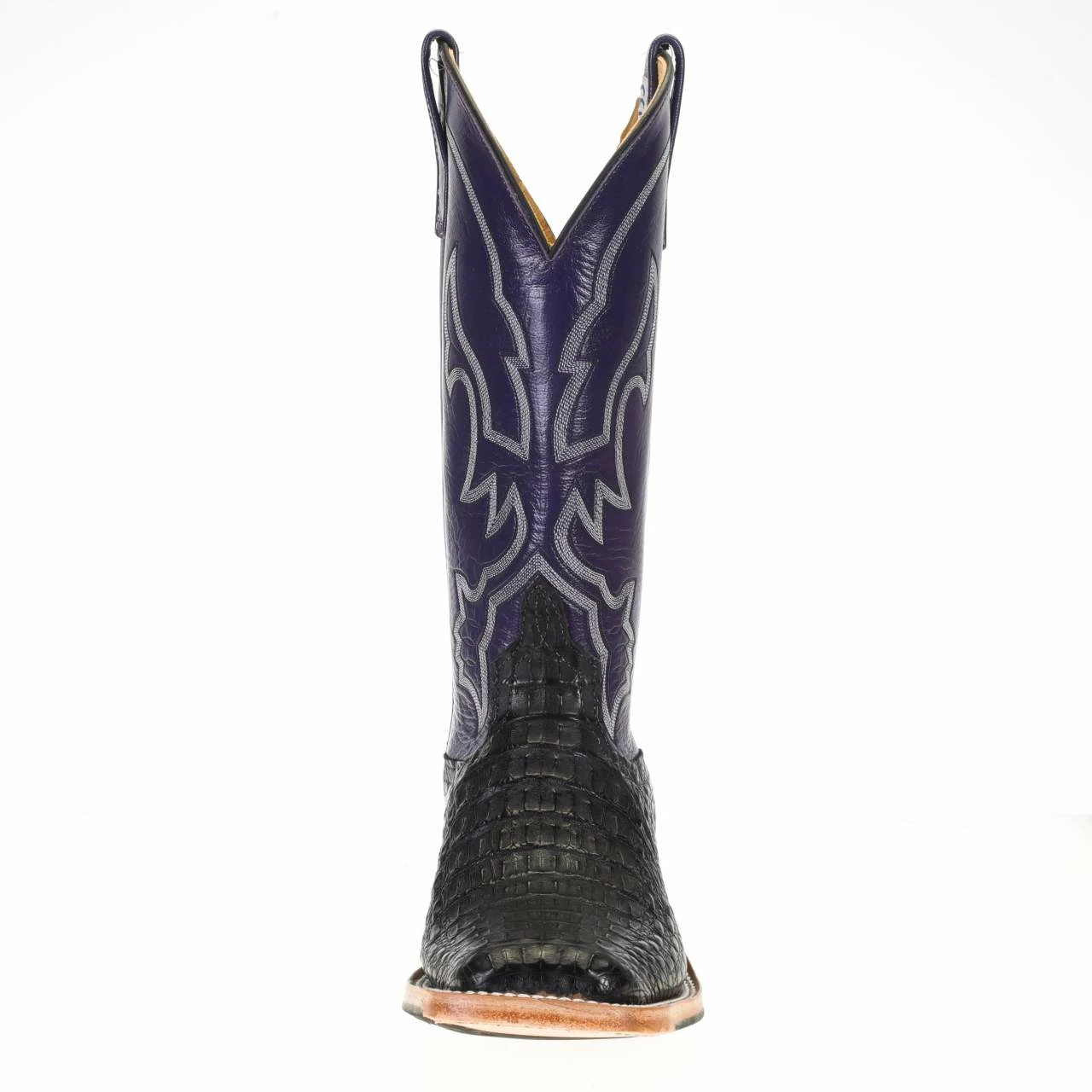 Anderson Bean Men's Black Hornback Caiman 13in. Purple Orchid Kidskin Top Square Toe Boots 3 Anderson Bean Men's Black Hornback Caiman 13in. Purple Orchid Kidskin Top Square Toe Boots